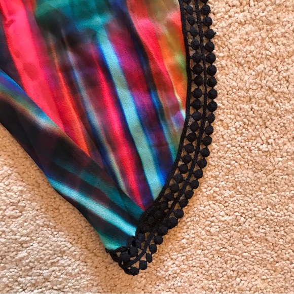 Bebe Semi Sheer Boho Peplum Blouse Size Small Wing Sleeve Pom Pom Trim Colorful - Picture 10 of 14